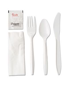 GEN6KITMW WRAPPED CUTLERY KIT, FORK/KNIFE/SPOON/NAPKIN/SALT/PEPPER, WHITE, 250/CARTON