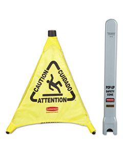 RCP9S00YEL MULTILINGUAL "CAUTION" POP-UP SAFETY CONE, 3-SIDED, FABRIC, 21 X 21 X 20, YELLOW