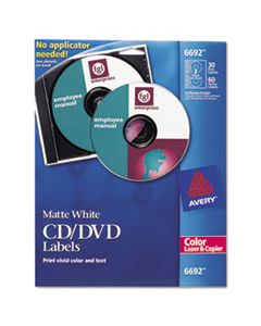AVE6692 LASER CD LABELS, MATTE WHITE, 30/PACK
