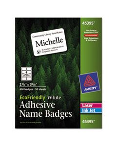 AVE45395 ECOFRIENDLY ADHESIVE NAME BADGE LABELS, 3.38 X 2.33, WHITE, 400/BOX