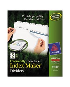 AVE11580 INDEX MAKER ECOFRIENDLY PRINT AND APPLY CLEAR LABEL DIVIDERS WITH WHITE TABS, 5-TAB, 11 X 8.5, WHITE, 5 SETS