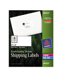 AVE48163 ECOFRIENDLY MAILING LABELS, INKJET/LASER PRINTERS, 2 X 4, WHITE, 10/SHEET, 100 SHEETS/PACK