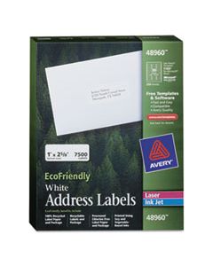 AVE48960 ECOFRIENDLY MAILING LABELS, INKJET/LASER PRINTERS, 1 X 2.63, WHITE, 30/SHEET, 250 SHEETS/BOX