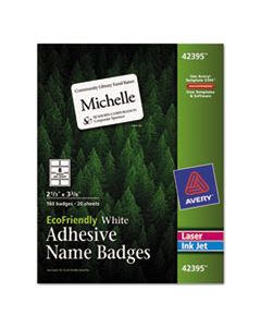 AVE42395 ECOFRIENDLY ADHESIVE NAME BADGE LABELS, 3.38 X 2.33, WHITE, 160/BOX