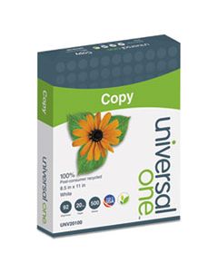 UNV20100 100% RECYCLED COPY PAPER, 92 BRIGHT, 20LB, 8.5 X 11, WHITE, 500 SHEETS/REAM, 10 REAMS/CARTON