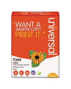 UNV20030 30% RECYCLED COPY PAPER, 92 BRIGHT, 20LB, 8.5 X 11, WHITE, 500 SHEETS/REAM, 10 REAMS/CARTON