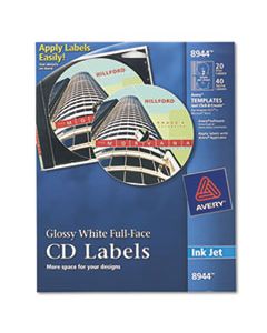 AVE8944 INKJET FULL-FACE CD LABELS, GLOSSY WHITE, 20/PACK