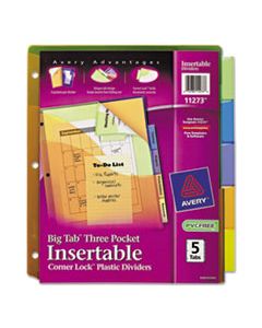 AVE11273 INSERTABLE BIG TAB PLASTIC THREE-POCKET CORNER LOCK DIVIDERS, 5-TAB, 11.13 X 9.25, ASSORTED, 1 SET