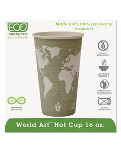 ECOEPBHC16WA WORLD ART RENEWABLE AND COMPOSTABLE HOT CUPS, 16 OZ, 50/PACK, 20 PACKS/CARTON