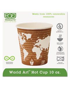 ECOEPBHC10WA WORLD ART RENEWABLE AND COMPOSTABLE HOT CUPS, 10 OZ, 50/PACK, 20 PACKS/CARTON