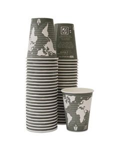 ECOEPBHC12WAPKC WORLD ART RENEWABLE AND COMPOSTABLE HOT CUPS, 12 OZ, GRAY, 50/PACK, 10 PACK/CARTON