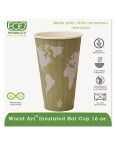 ECOEPBNHC16WD WORLD ART RENEWABLE AND COMPOSTABLE INSULATED HOT CUPS, PLA, 16 OZ, 40/PACKS, 15 PACKS/CARTON