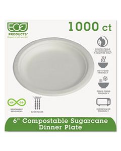 ECOEPP016PKCT RENEWABLE & COMPOSTABLE SUGARCANE PLATES CONVENIENCE PACK, 6", 50/PK, 20 PK/CT