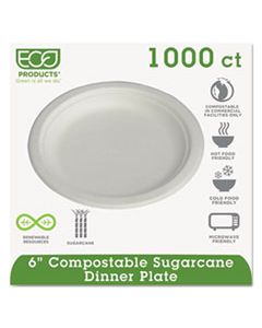 ECOEPP016PKCT RENEWABLE & COMPOSTABLE SUGARCANE PLATES CONVENIENCE PACK, 6", 50/PK, 20 PK/CT