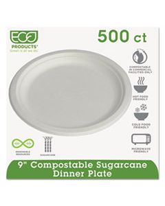 ECOEPP013 RENEWABLE & COMPOSTABLE SUGARCANE PLATES, 9", 500/CARTON