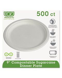 ECOEPP013 RENEWABLE & COMPOSTABLE SUGARCANE PLATES, 9", 500/CARTON