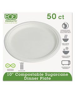 ECOEPP005PKCT COMPOSTABLE SUGARCANE DINNERWARE, 10" PLATE, NATURAL WHITE, 50/PACK, 10 PK/CTN