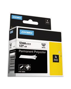 DYM18483 RHINO PERMANENT POLY INDUSTRIAL LABEL TAPE, 0.5" X 18 FT, WHITE/BLACK PRINT