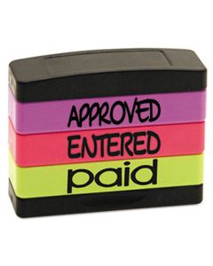 USS8802 STACK STAMP, APPROVED, ENTERED, PAID, 1 13/16 X 5/8, ASSORTED FLUORESCENT INK