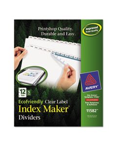 AVE11582 INDEX MAKER ECOFRIENDLY PRINT AND APPLY CLEAR LABEL DIVIDERS WITH WHITE TABS, 12-TAB, 11 X 8.5, WHITE, 5 SETS