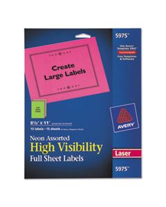 AVE5975 HIGH-VISIBILITY PERMANENT LASER ID LABELS, 8 1/2 X 11, ASST. NEON, 15/PACK