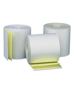 UNV35767 DELUXE CARBONLESS PAPER ROLLS, 0.44" CORE, 3" X 90 FT, WHITE/CANARY, 50/CARTON