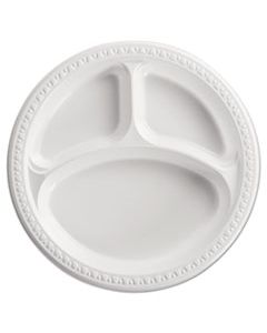 HUH81230 HEAVYWEIGHT PLASTIC 3 COMPARTMENT PLATES, 10 1/4" DIA, WHITE, 125/PK, 4 PK/CT