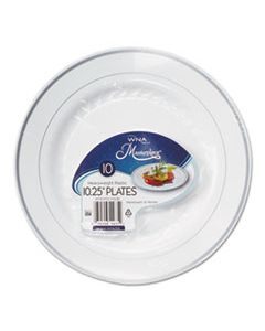 WNARSM101210WS MASTERPIECE PLASTIC PLATES, 10.25 IN, WHITE W/SILVER ACCENTS, ROUND, 120/CARTON