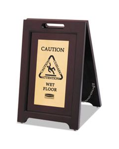 RCP1867507 EXECUTIVE 2-SIDED MULTI-LINGUAL CAUTION SIGN, BROWN/BRASS, 15 X 23 1/2
