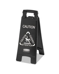 RCP1867505 EXECUTIVE 2-SIDED MULTI-LINGUAL CAUTION SIGN, BLACK/WHITE, 10 9/10 X 26 1/10