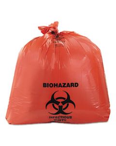 HERA8046ZR HEALTHCARE BIOHAZARD PRINTED CAN LINERS, 45 GAL, 3 MIL, 40" X 46", RED, 75/CARTON