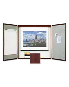 QRT851 MARKER BOARD CABINET WITH PROJECTION SCREEN, 48 X 48 X 24, WHITE/MAHOGANY FRAME