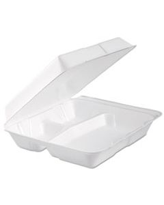 DCC95HTPF3R FOAM HINGED LID CONTAINER, 3-COMP, 9.3 X 9 1/2 X 3, WHITE, 100/BAG, 2 BAG/CARTON