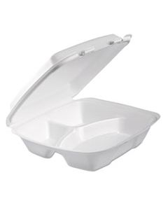 DCC90HTPF3R FOAM HINGED LID CONTAINER, 3-COMP, 9 X 9 2/5 X 3, WHITE, 100/BAG, 2 BAG/CARTON