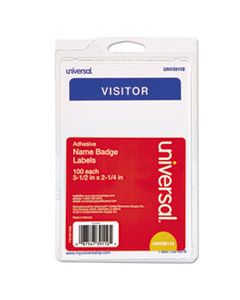 UNV39110 "VISITOR" SELF-ADHESIVE NAME BADGES, 3 1/2 X 2 1/4, WHITE/BLUE, 100/PACK