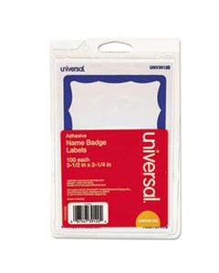 UNV39120 BORDER-STYLE SELF-ADHESIVE NAME BADGES, 3 1/2 X 2 1/4, WHITE/BLUE, 100/PACK