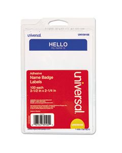 UNV39105 "HELLO" SELF-ADHESIVE NAME BADGES, 3 1/2 X 2 1/4, WHITE/BLUE, 100/PACK