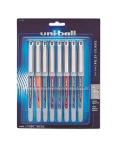 SAN1734916 VISION NEEDLE STICK ROLLER BALL PEN, FINE 0.7MM, ASSORTED INK, SILVER BARREL, 8/SET