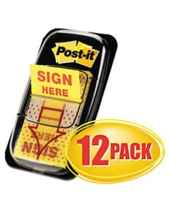 MMM680SH12 ARROW MESSAGE 1" PAGE FLAGS, SIGN HERE, YELLOW, 50/DISPENSER, 12 DISPENSERS/PK