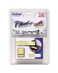 BRTTZEMQ835 TZ STANDARD ADHESIVE LAMINATED LABELING TAPE, 0.47" X 16.4 FT, WHITE/SATIN GOLD