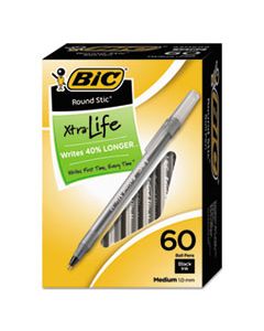 BICGSM609BK ROUND STIC XTRA LIFE STICK BALLPOINT PEN VP, 1MM, BLACK INK, SMOKE BARREL, 60/BOX