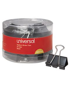 UNV11124 BINDER CLIPS IN DISPENSER TUB, MEDIUM, BLACK/SILVER, 24/PACK