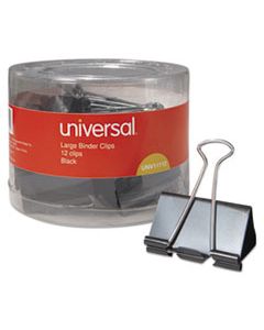 UNV11112 BINDER CLIPS IN DISPENSER TUB, LARGE, BLACK/SILVER, 12/PACK