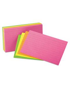 OXF40279 RULED INDEX CARDS, 3 X 5, GLOW GREEN/YELLOW, ORANGE/PINK, 100/PACK