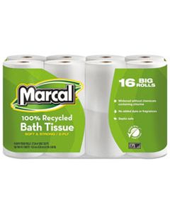 MRC1646616PK 100% RECYCLED TWO-PLY BATH TISSUE, SEPTIC SAFE, 2-PLY, WHITE, 168 SHEETS/ROLL, 16 ROLLS/PACK