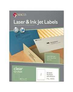 MACML4005 LASER/INKJET MATTE CLEAR FULL SHEET LABELS, INKJET/LASER PRINTERS, 8.5 X 11, CLEAR, 50/BOX