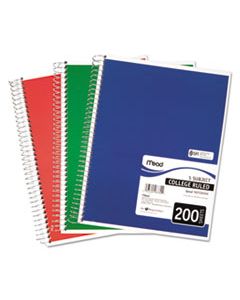 MEA06780 SPIRAL NOTEBOOK, 5 SUBJECTS, MEDIUM/COLLEGE RULE, ASSORTED COLOR COVERS, 11 X 8, 200 SHEETS