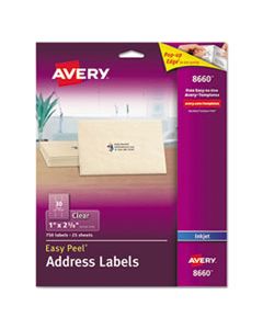 AVE8660 MATTE CLEAR EASY PEEL MAILING LABELS W/ SURE FEED TECHNOLOGY, INKJET PRINTERS, 1 X 2.63, CLEAR, 30/SHEET, 25 SHEETS/PACK