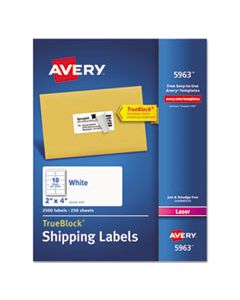 AVE5963 SHIPPING LABELS W/ TRUEBLOCK TECHNOLOGY, LASER PRINTERS, 2 X 4, WHITE, 10/SHEET, 250 SHEETS/BOX