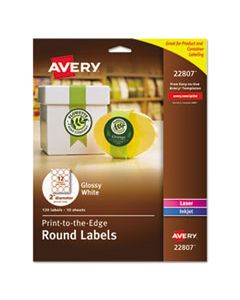 AVE22807 PRINT-TO-THE EDGE LABELS W/ SURE FEED & EASY PEEL, 2" DIA, GLOSSY WHITE, 120/PK